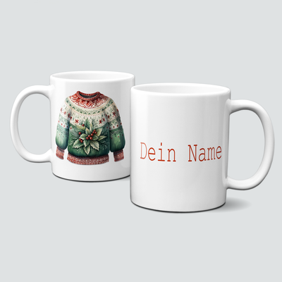 Keramiktasse mit Weihnachtsmotiv-Ugly Sweater-Pullover-grün-Personalisierbar