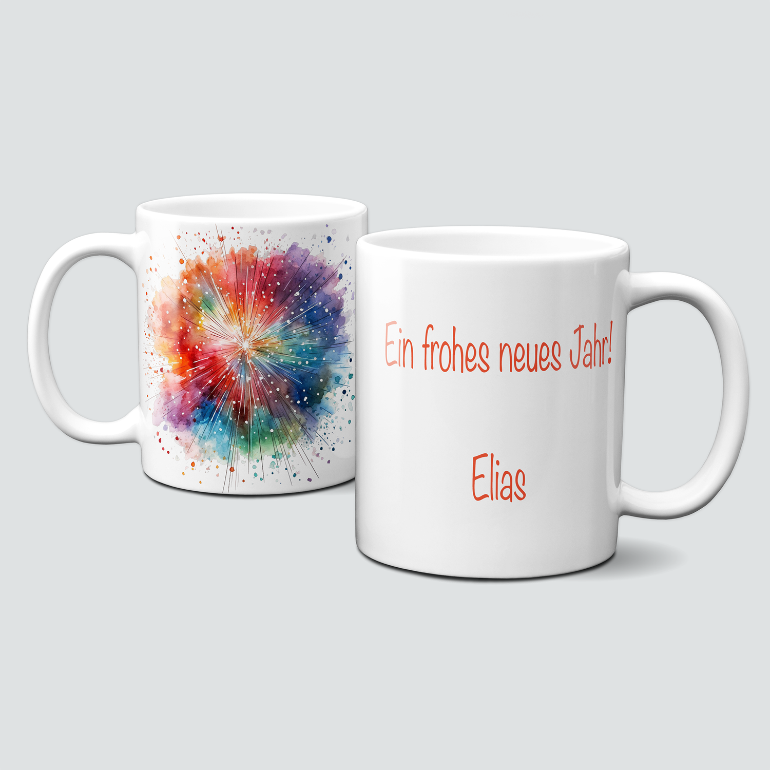 Keramiktasse mit Silvestermotiv-Feuerwerk-Neujahr-bunt-Personalisierbar
