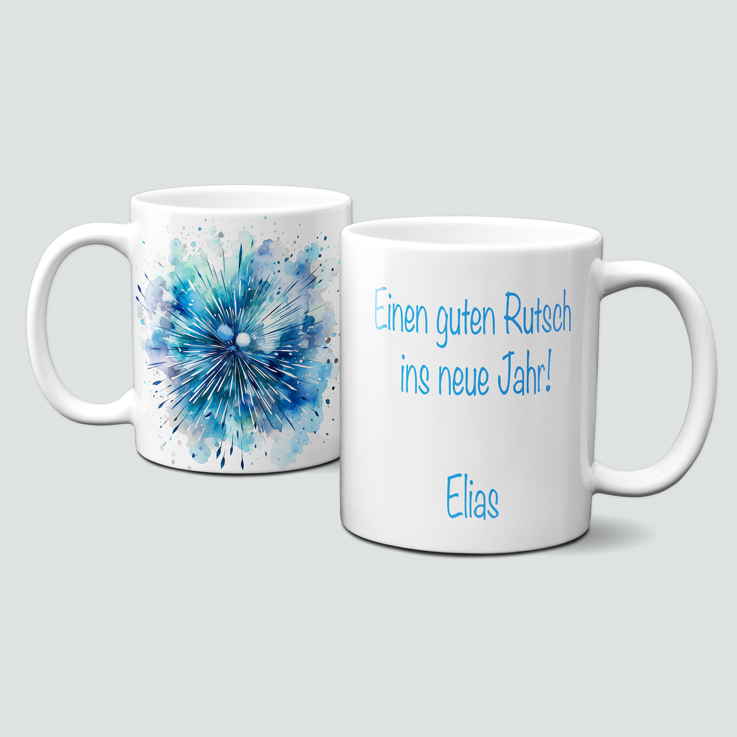 Keramiktasse mit Silvestermotiv-Feuerwerk-Neujahr-blau-Personalisierbar