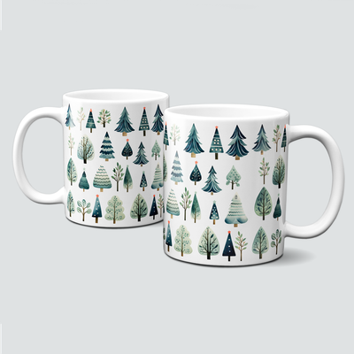 Keramiktasse mit Weihnachtsmotiv-Winter-Bäume-grün-Muster Keramiktasse mit Weihnachtsmotiv-Winter-Bäume-grün-Muster