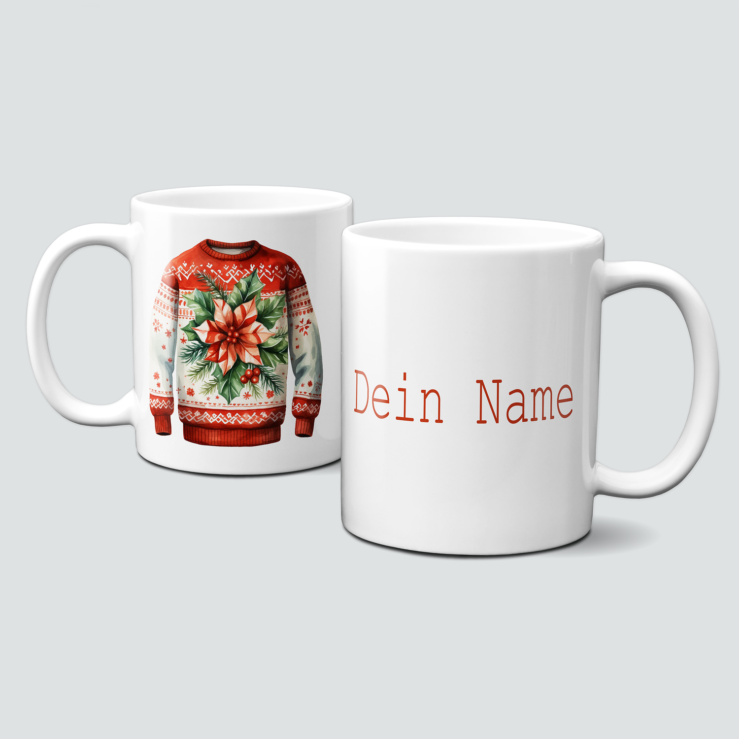 Keramiktasse mit Weihnachtsmotiv-Ugly Sweater-Pullover-Blume-Personalisierbar