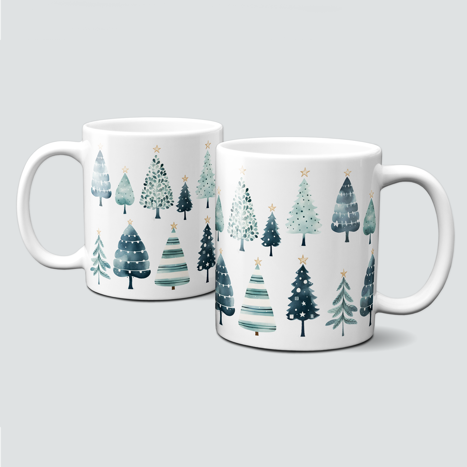Keramiktasse mit Weihnachtsmotiv-Winter-Bäume-grün/dunkelblau-Muster