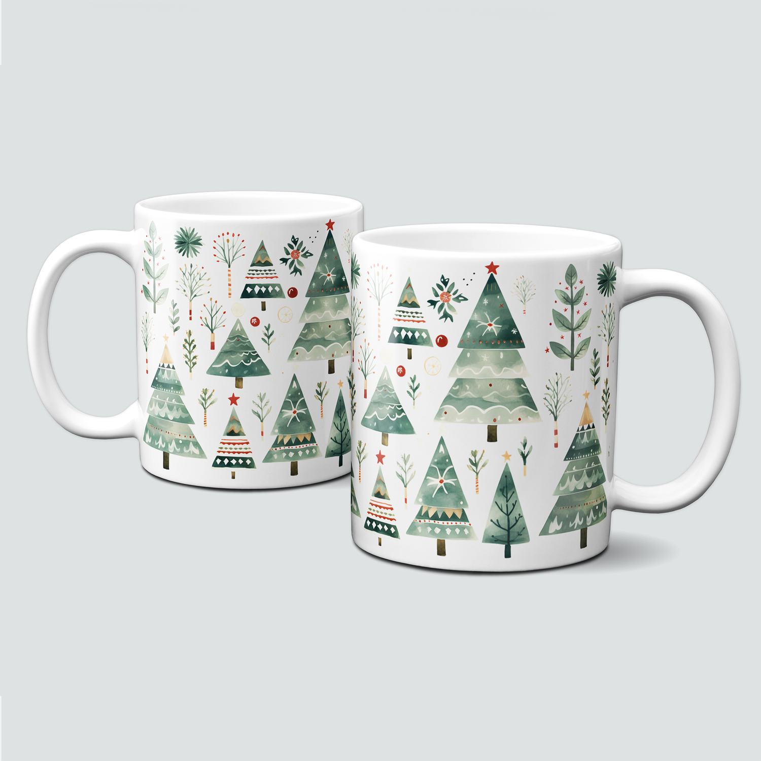 Keramiktasse mit Weihnachtsmotiv-Winter-Bäume-grün-Muster