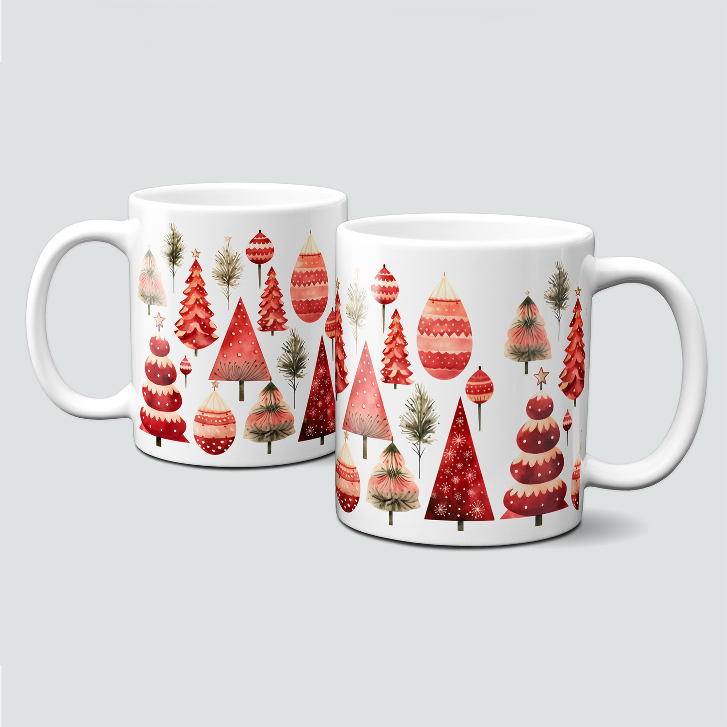 Keramiktasse mit Weihnachtsmotiv-Winter-rote Bäume-Muster