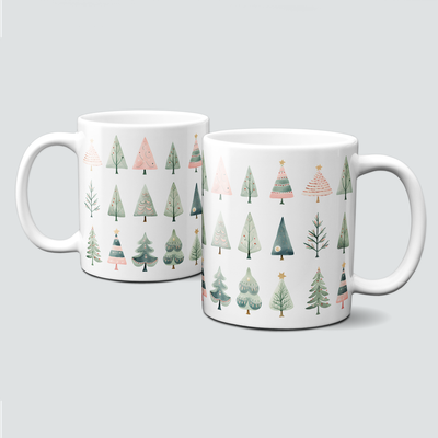 Keramiktasse mit Weihnachtsmotiv-Winter-Bäume-grün/rosa-Muster