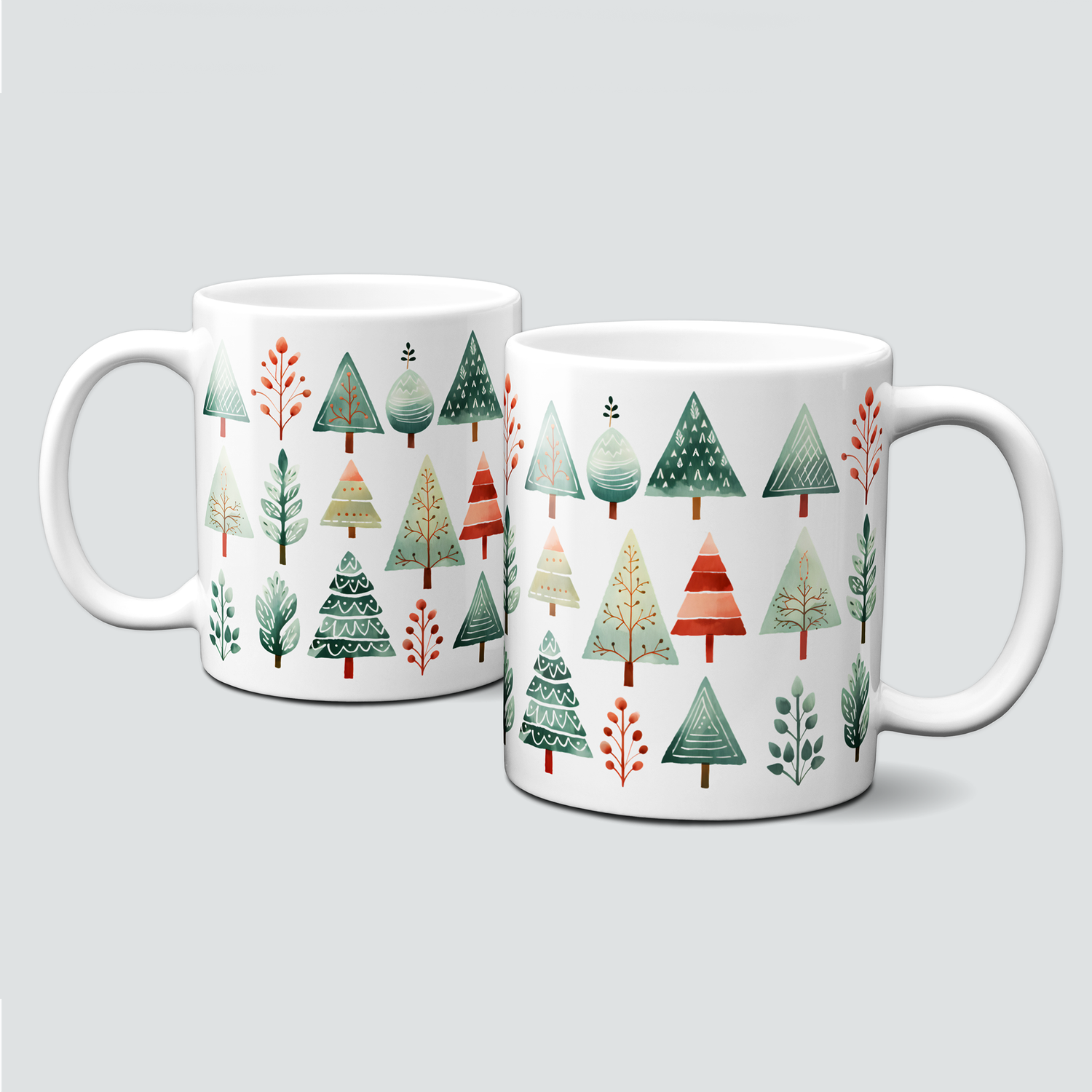 Keramiktasse mit Weihnachtsmotiv-Winter-Bäume-grün/rot-Muster
