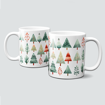 Keramiktasse mit Weihnachtsmotiv-Winter-Bäume-grün/rot-Muster Keramiktasse mit Weihnachtsmotiv-Winter-Bäume-grün/rot-Muster