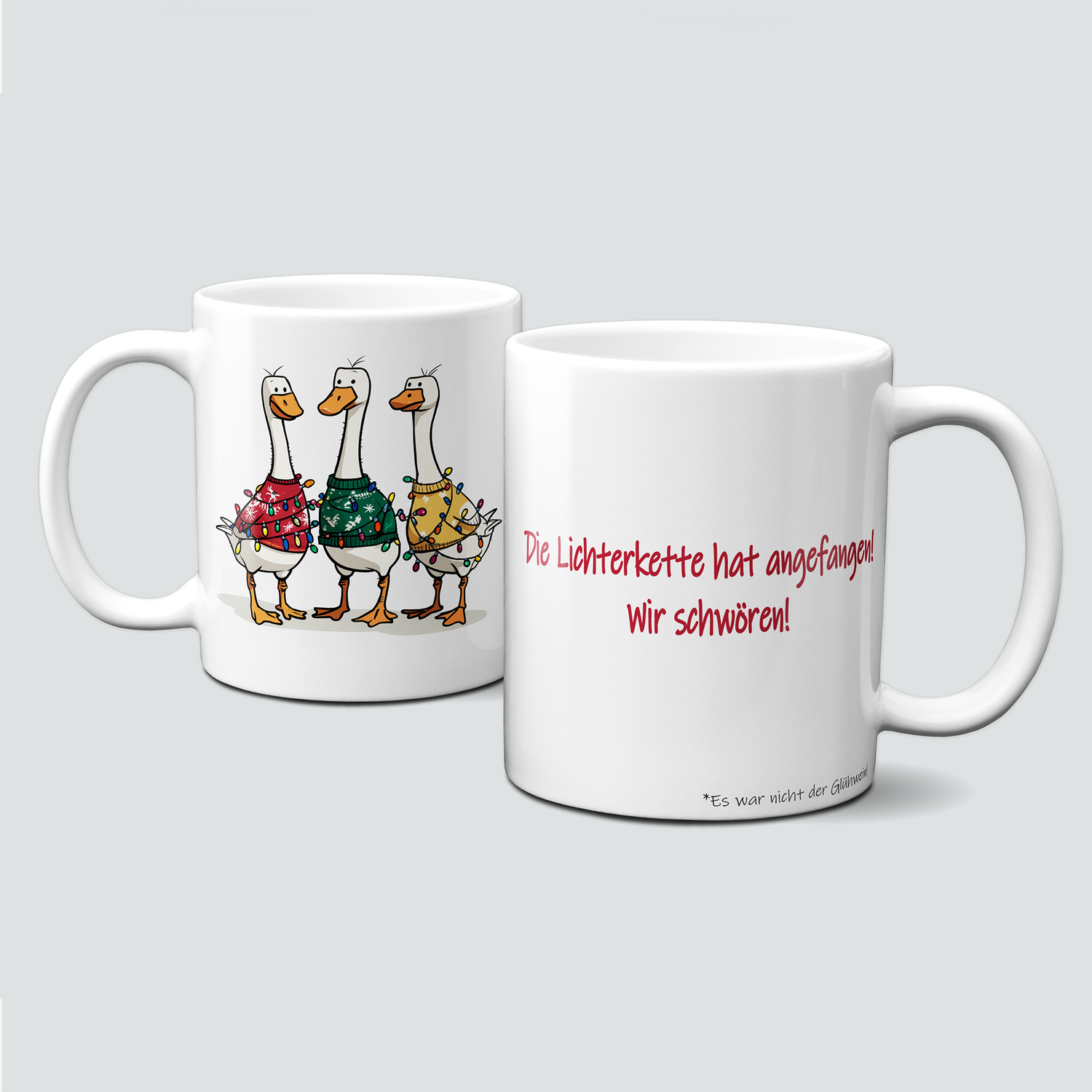 Keramiktasse mit Weihnachtsmotiv-Winter-bunte Gänse-Lichterkette