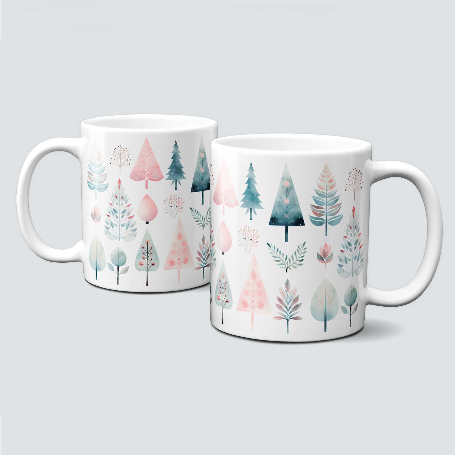Keramiktasse mit Weihnachtsmotiv-Winter-rosa Bäume-Muster