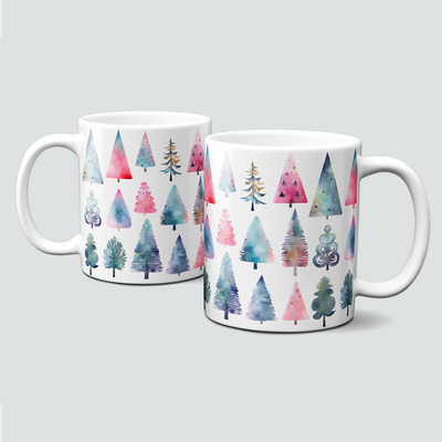 Keramiktasse mit Weihnachtsmotiv-Winter-bunte Bäume Keramiktasse mit Weihnachtsmotiv-Winter-bunte Bäume