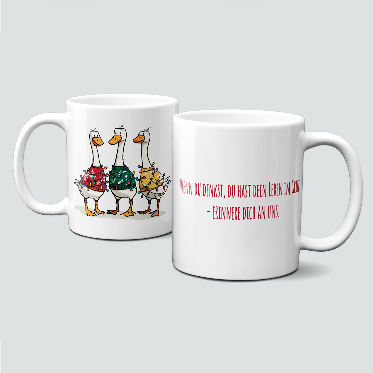 Keramiktasse mit Weihnachtsmotiv-Winter-bunte Gänse-Leben im Griff