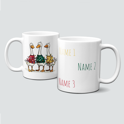 Keramiktasse mit Weihnachtsmotiv-Winter-bunte Gänse-Personalisierbar Keramiktasse mit Weihnachtsmotiv-Winter-bunte Gänse-Personalisierbar