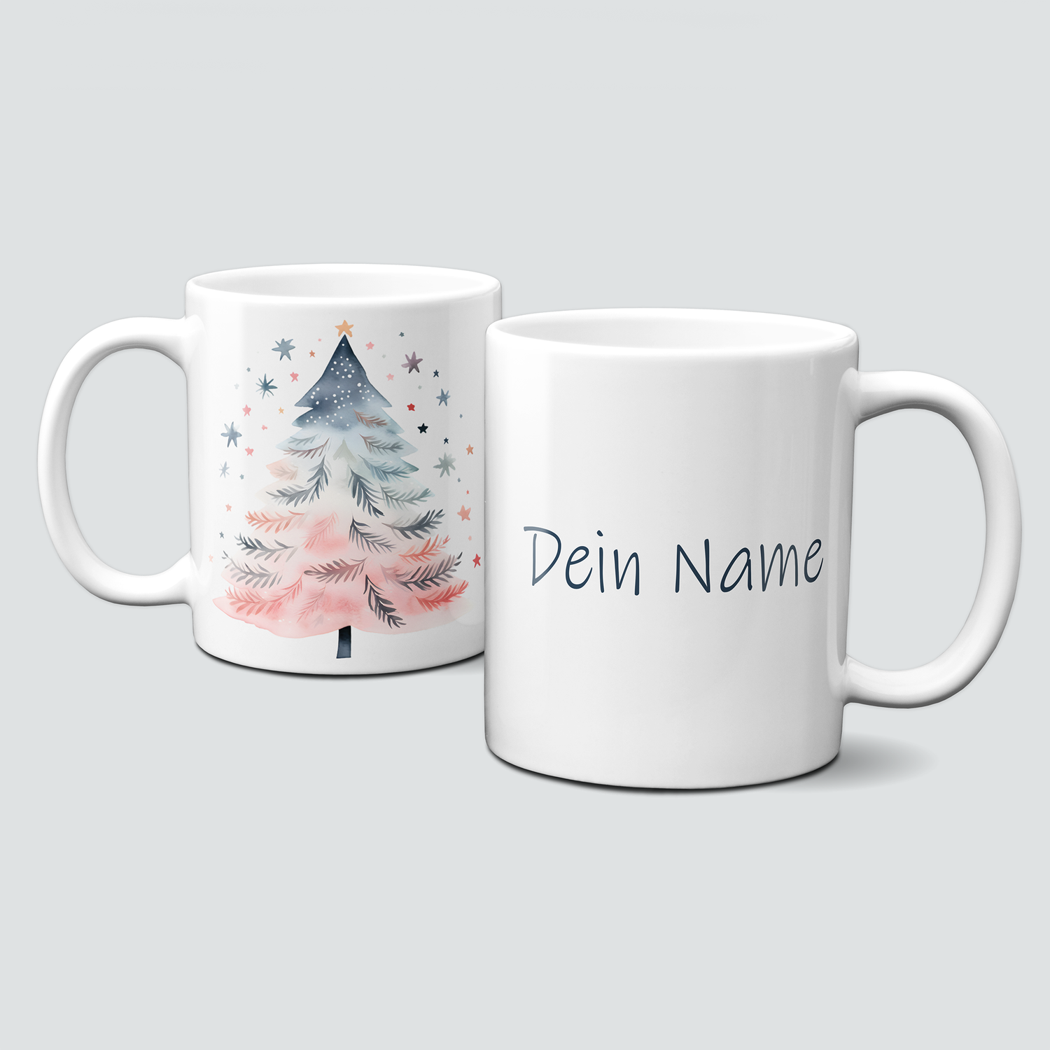 Keramiktasse mit Weihnachtsmotiv-Winter-bunter Weihnachtsbaum-rosa-dunkelblau-Dein Name