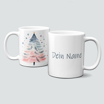Keramiktasse mit Weihnachtsmotiv-Winter-bunter Weihnachtsbaum-rosa-dunkelblau-Dein Name