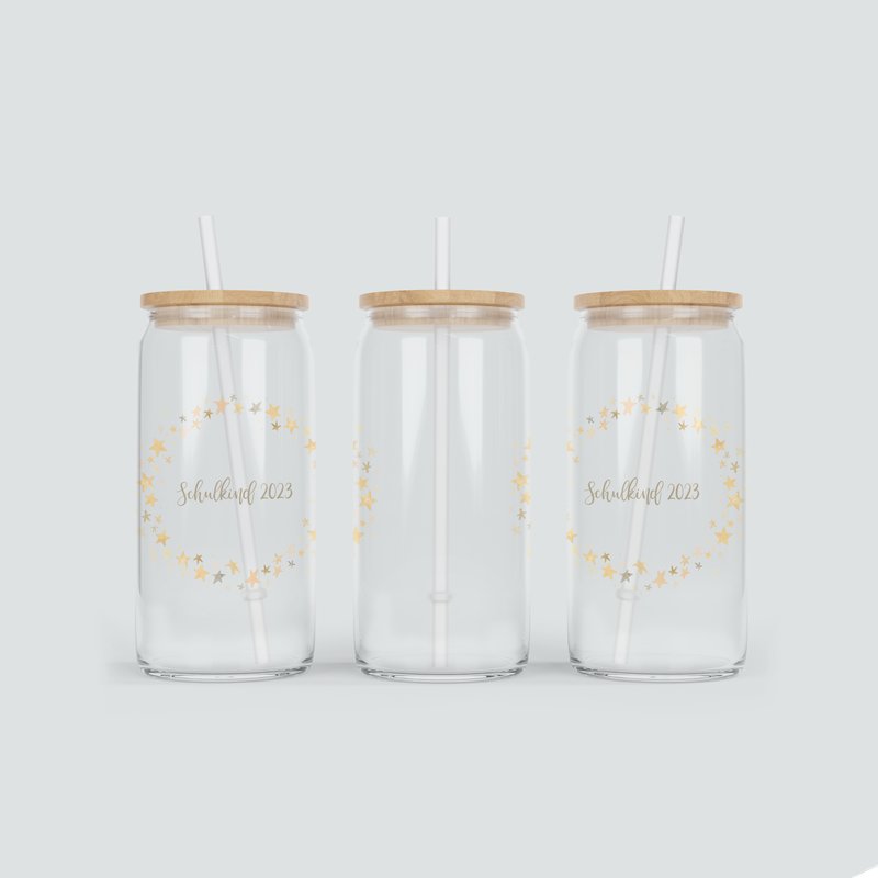 Glas Becher zum ersten Schultag mit Sternen - inkl. Bambus Deckel mit Strohhalm