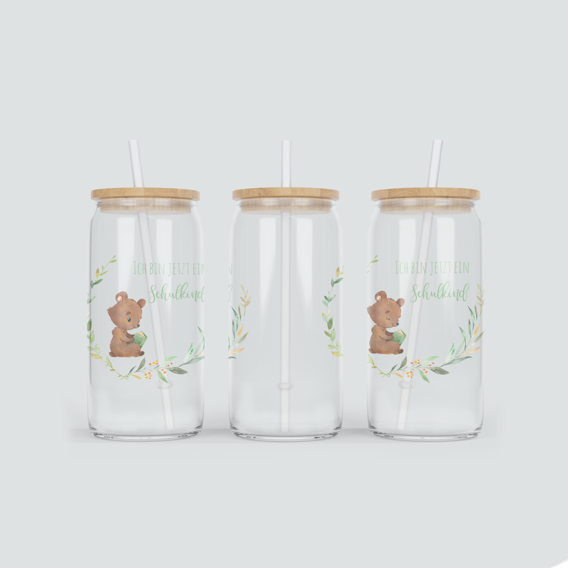 Glas Becher mit Elefant zur Einschulung - inkl. Bambus Deckel mit Strohhalm