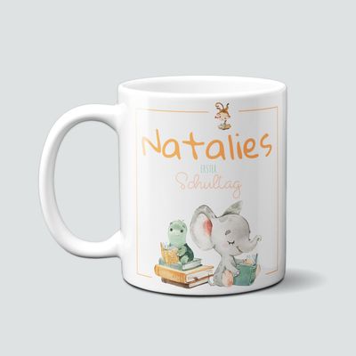 personalisierte Tasse zur Einschulung mit Elefant