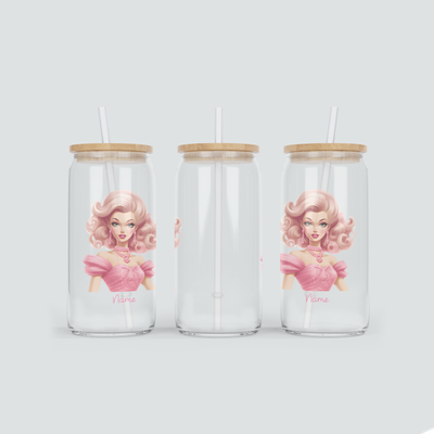 Personalisierter Glas Becher für Mädchen in Pink inkl. Bambus Deckel &amp; Strohhalm