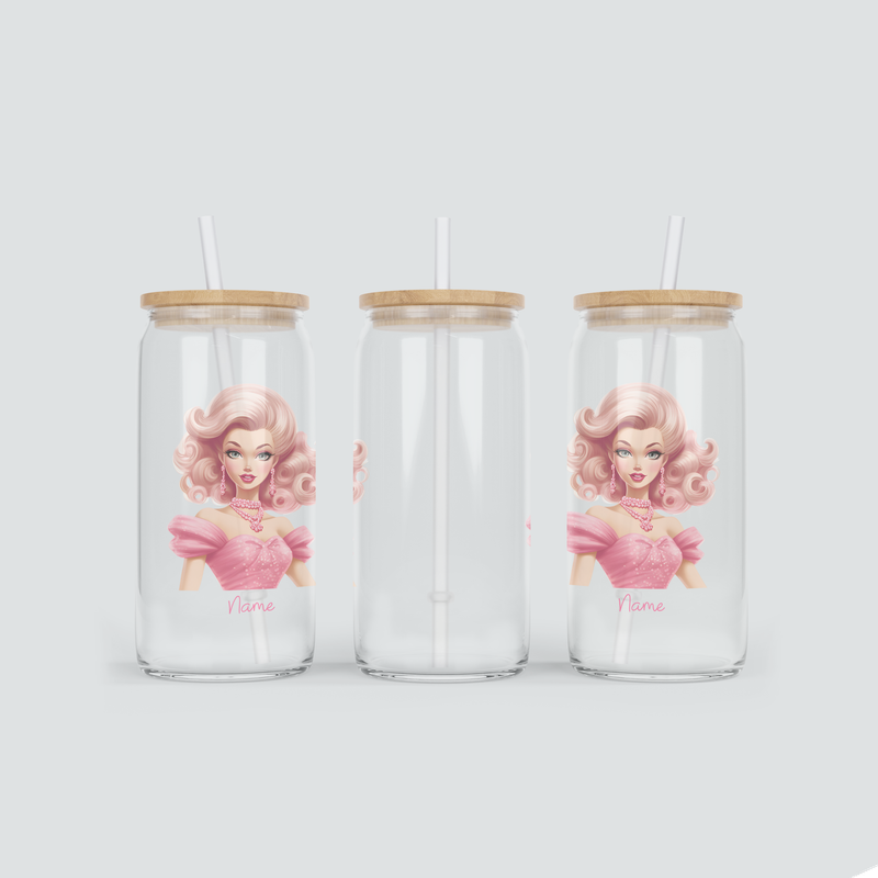 Personalisierter Glas Becher für Mädchen in Pink inkl. Bambus Deckel &amp; Strohhalm