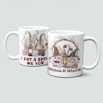 Tasse für Halloween mit Zaubertränken und Kürbissen