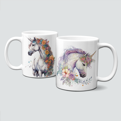 Tasse mit Einhörnern und bunten Blumen