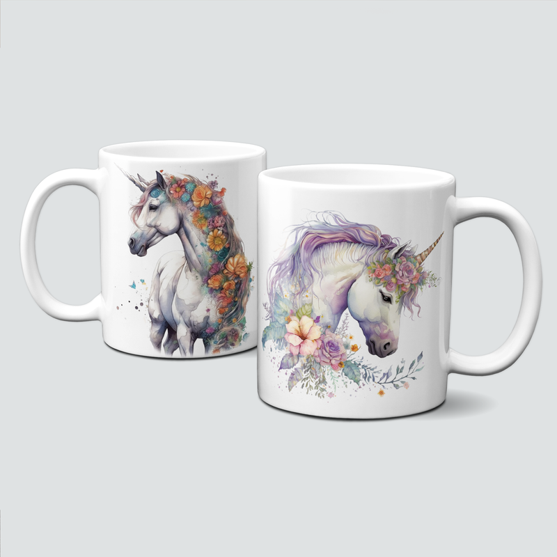 Tasse mit Einhörnern und bunten Blumen