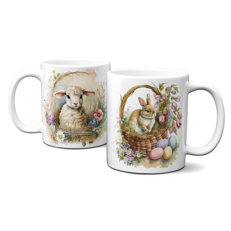 Ostertasse - Lämmchen und Häschen umgeben von Blumen
