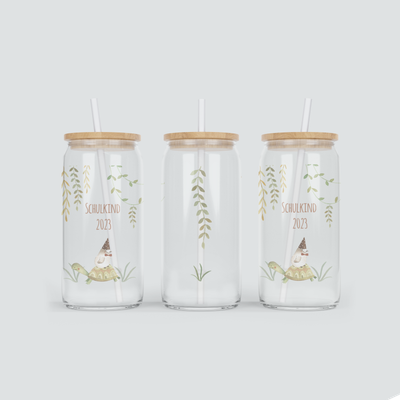 Glas Becher zum ersten Schultag mit Schildkröte - inkl. Bambus Deckel mit Strohhalm