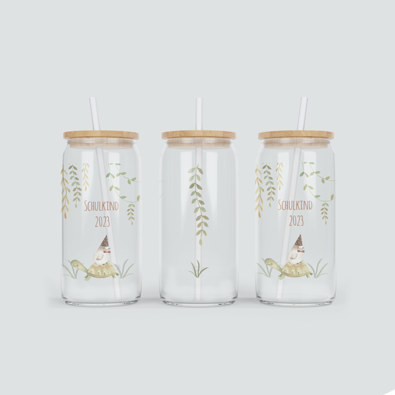 Glas Becher zum ersten Schultag mit Schildkröte - inkl. Bambus Deckel mit Strohhalm