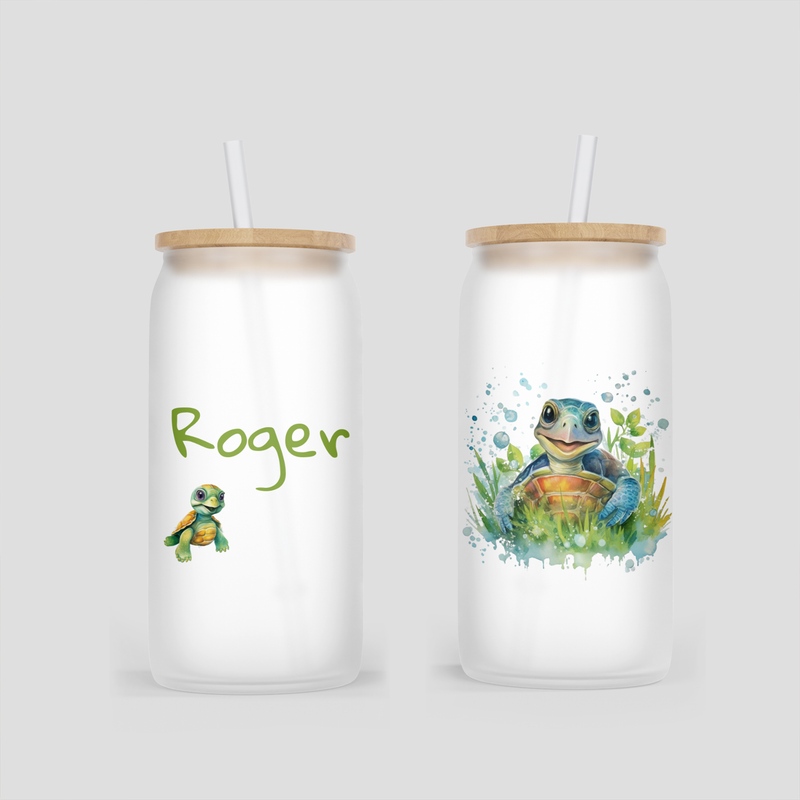 personalisierter Glas Becher mit Schildkröte / Turtle und Blümchen