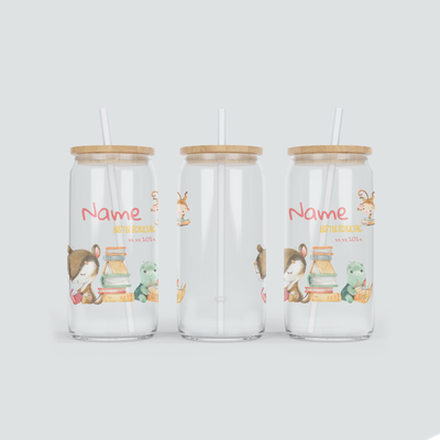 Personalisierter Glas Becher zum ersten Schultag - inkl. Bambus Deckel mit Strohhalm
