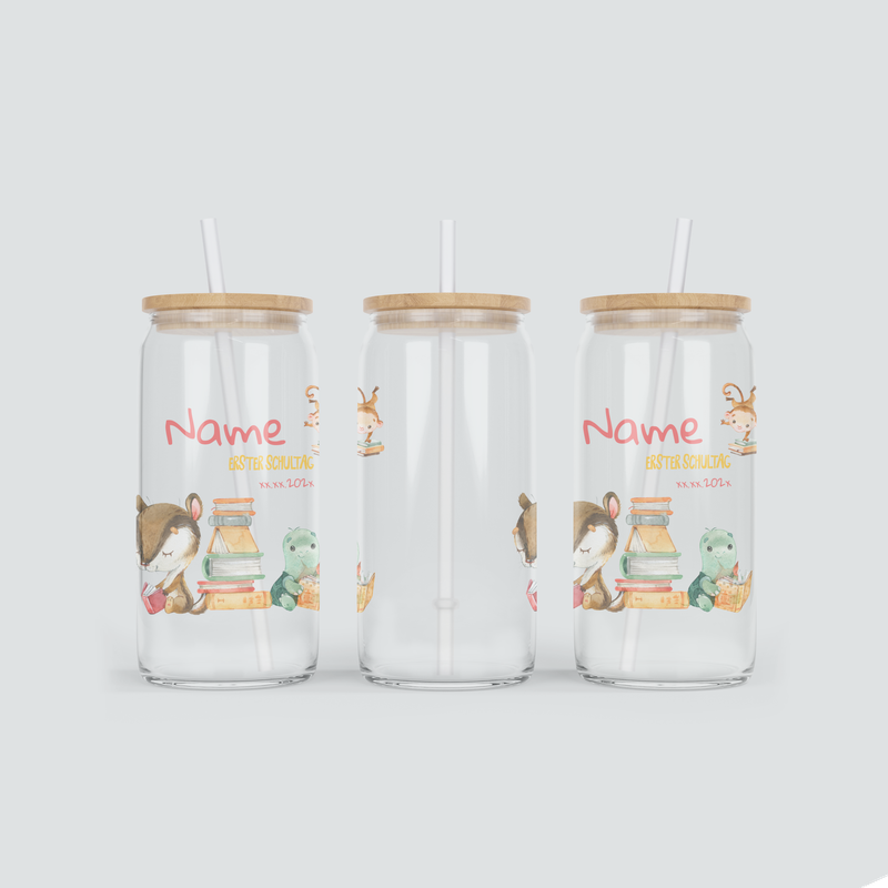 Personalisierter Glas Becher zum ersten Schultag - inkl. Bambus Deckel mit Strohhalm