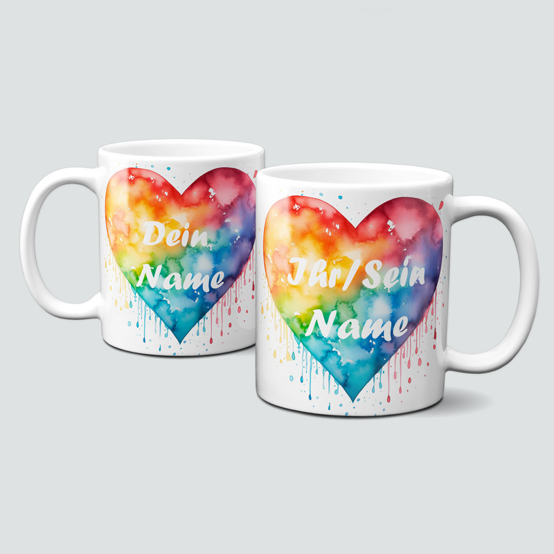 personalisierte Pärchen Tasse mit Regenbogenherzen