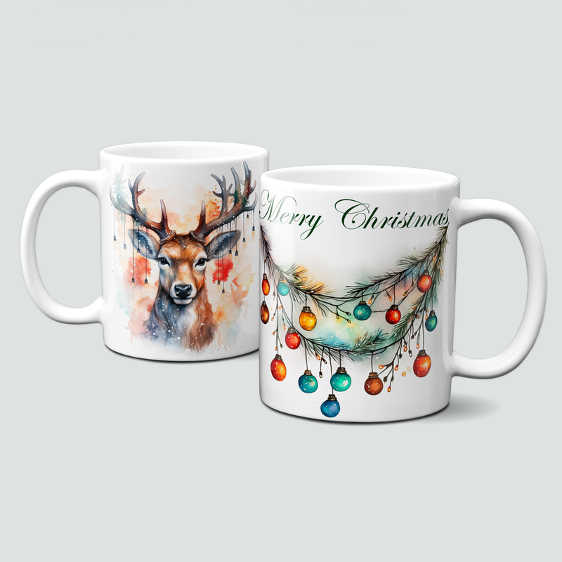 Merry Christmas Tasse - mit lustigem Hirsch und Lichterkette im Geweih