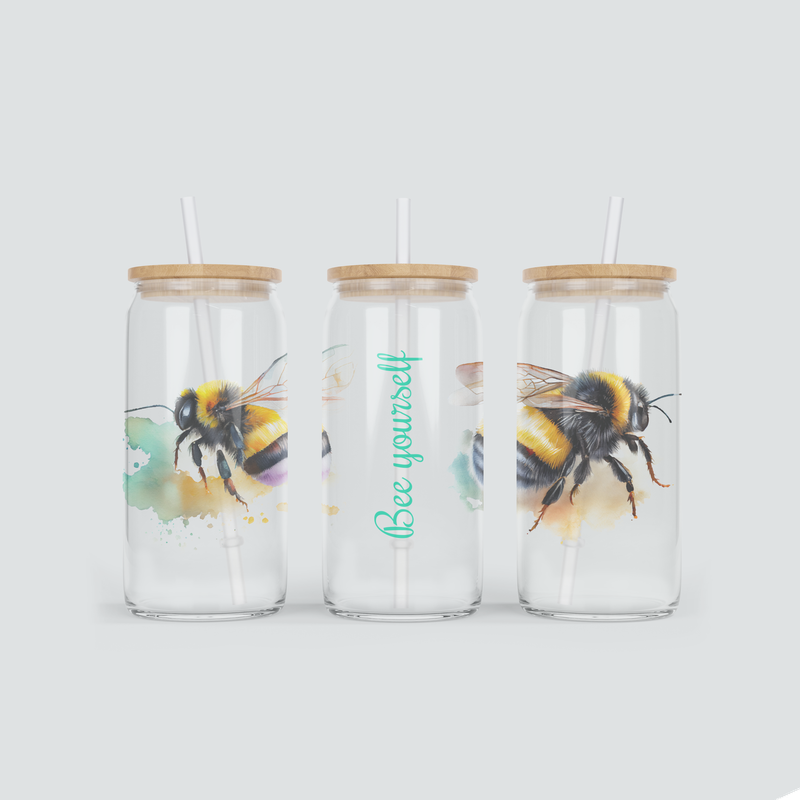 Glas Becher - Bee Yourself mit Bienenmotiv - inkl. Bambus Deckel