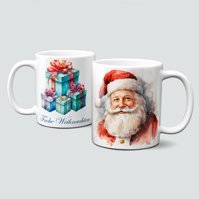 Weihnachtstasse mit Weihnachtsmann und bunten Geschenken
