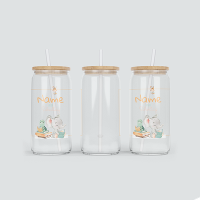 Personalisierter Glas Becher zum ersten Schultag - inkl. Bambus Deckel mit Strohhalm