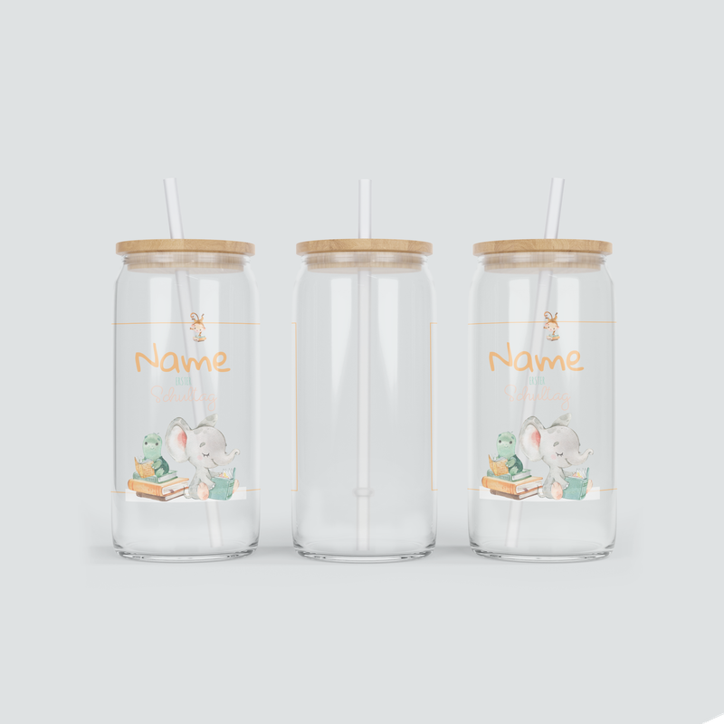 Personalisierter Glas Becher zum ersten Schultag - inkl. Bambus Deckel mit Strohhalm
