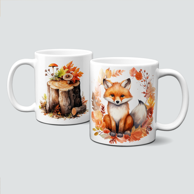 Tasse mit Fuchs im Herbst mit vielen bunten Blättern