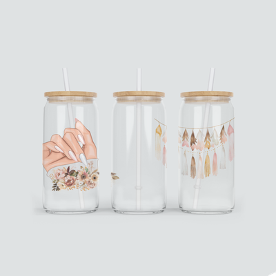 Glas Becher mit Nails im Boho Look inkl. Bambus Deckel mit Strohhalm