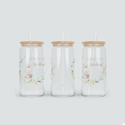 Glas Becher mit Hase zur Einschulung - inkl. Bambus Deckel mit Strohhalm
