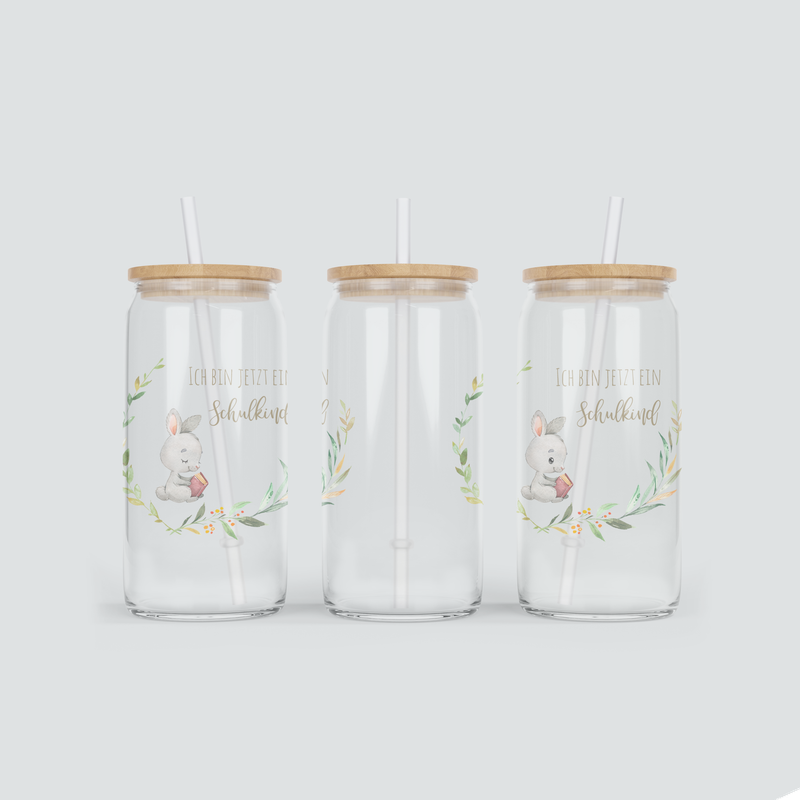 Glas Becher mit Hase zur Einschulung - inkl. Bambus Deckel mit Strohhalm