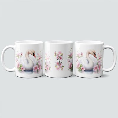 Tasse mit Schwan und rosa Blüten