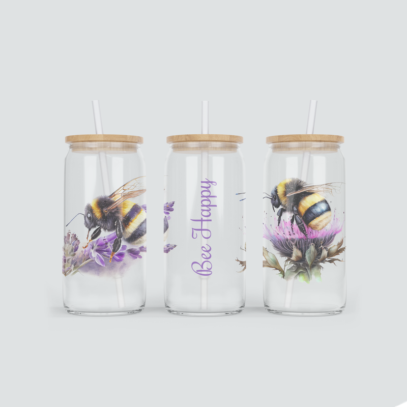 Glas Becher - Bee Happy - mit Strohhalm &amp; Bambus Deckel