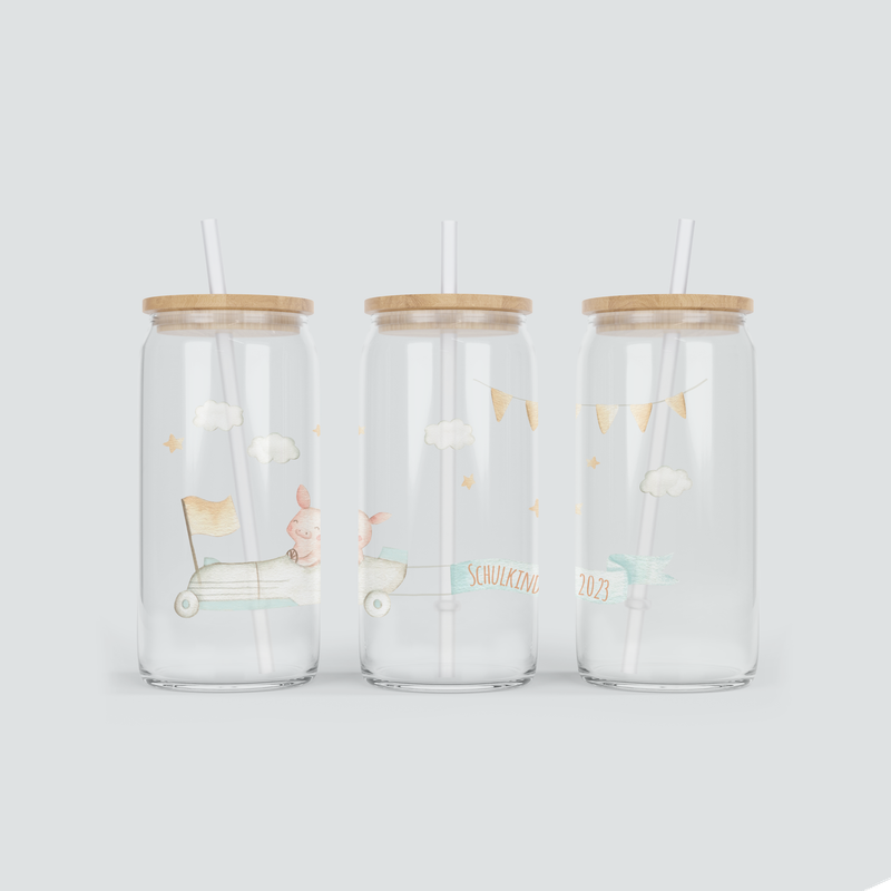 Glas Becher mit fahrendem Auto zur Einschulung - inkl. Bambus Deckel mit Strohhalm