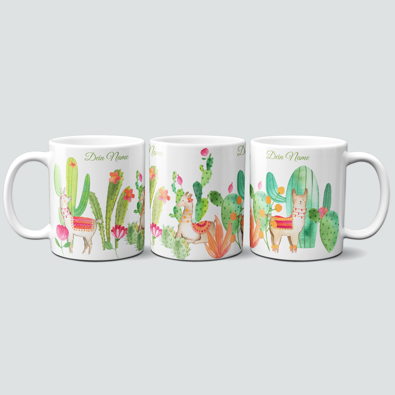personalisierte Tasse mit Lamas und Kakteen