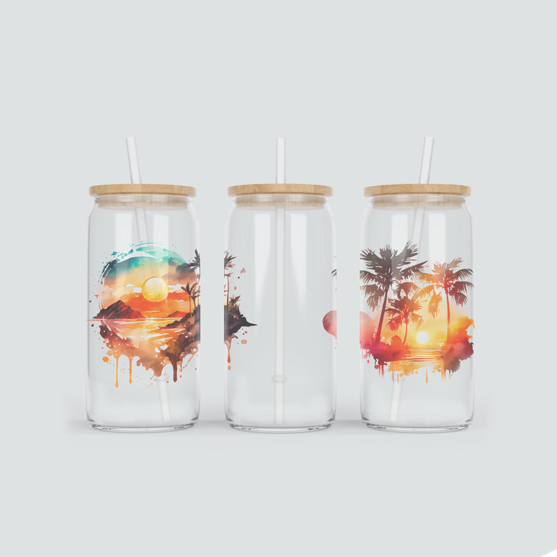 Glas Becher mit Sonnenuntergang am Meer - inkl. Bambus Deckel und Strohhalm