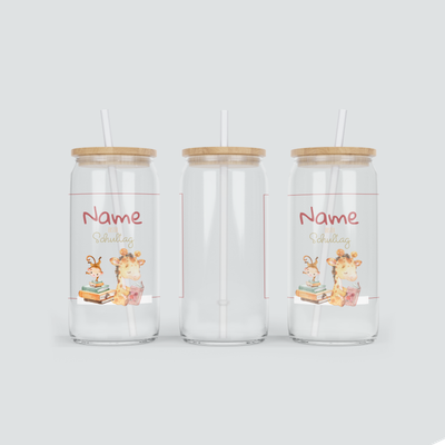 Personalisierter Glas Becher zum ersten Schultag - inkl. Bambus Deckel mit Strohhalm