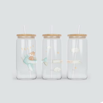 Glas Becher mit Flugzeug und Banner - inkl. Bambus Deckel mit Strohhalm