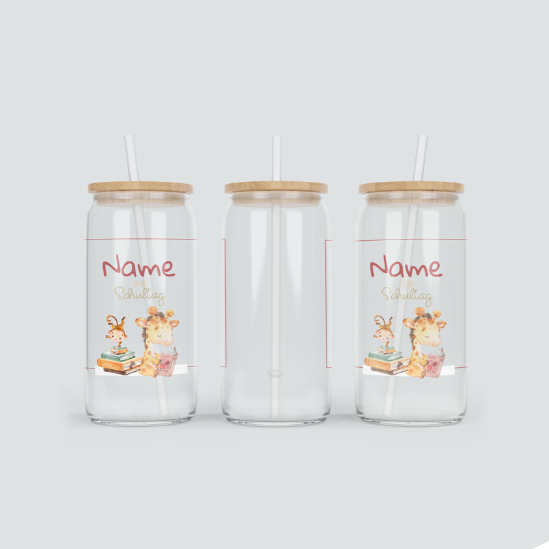 Personalisierter Glas Becher zum ersten Schultag - inkl. Bambus Deckel mit Strohhalm